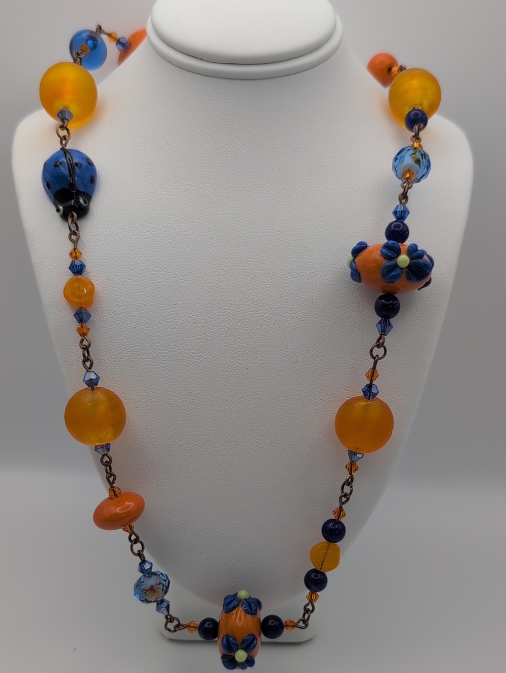 Handcrafted Hand Blown Glass & Crystal Necklace Blue Orange Copper 20"